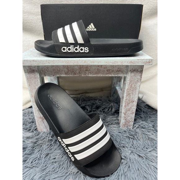 Adidas Adilette Comfort Slides Sandals Black White Stripes Men Size 12 - Picture 1 of 7